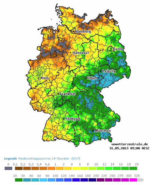 Niederschlagssummenkarte Login-Bereich Unwetterzentrale, 24stündige Summen